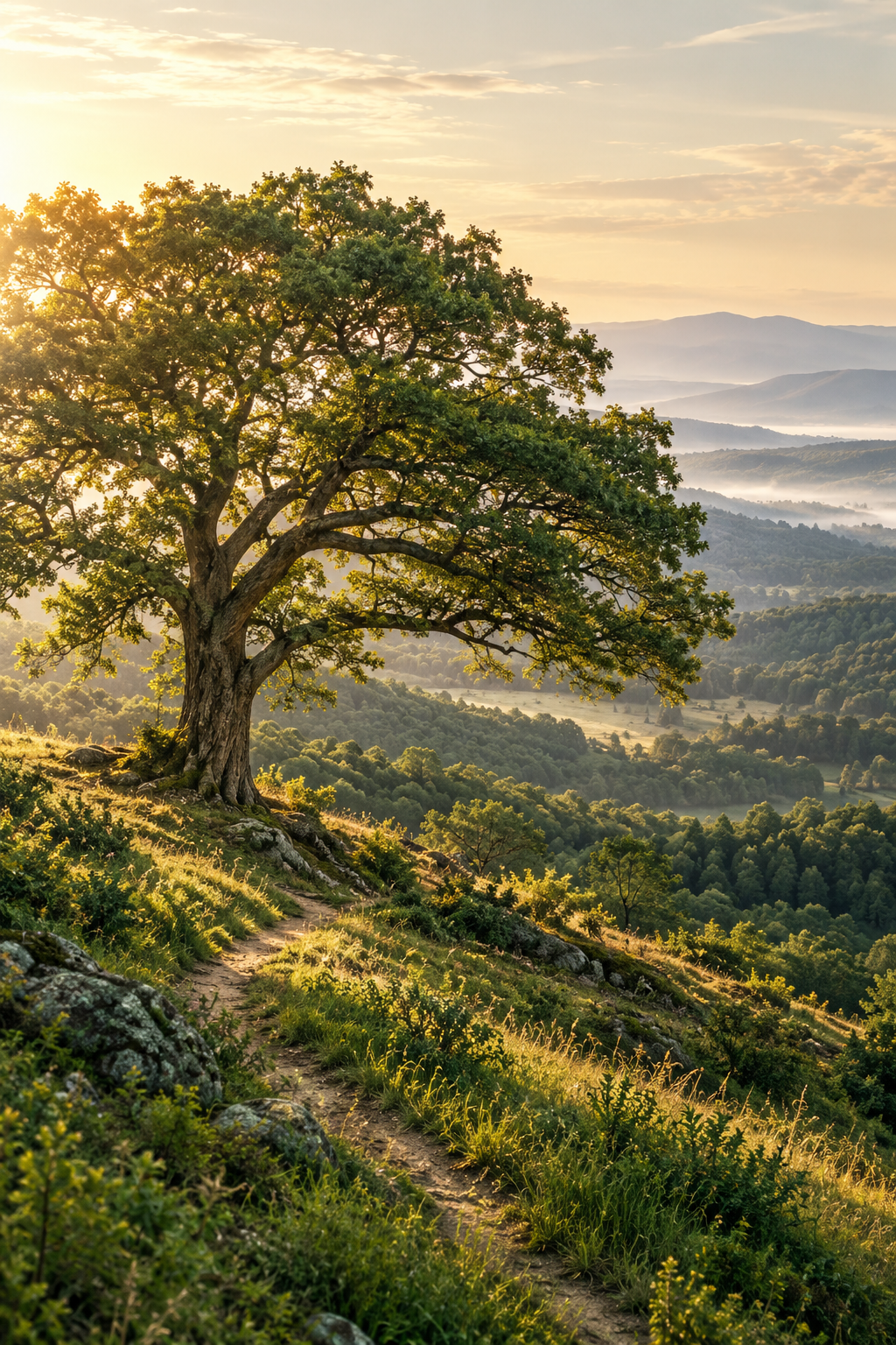 An imagined tree and green valley, illustrating the Living Earth philosophy.